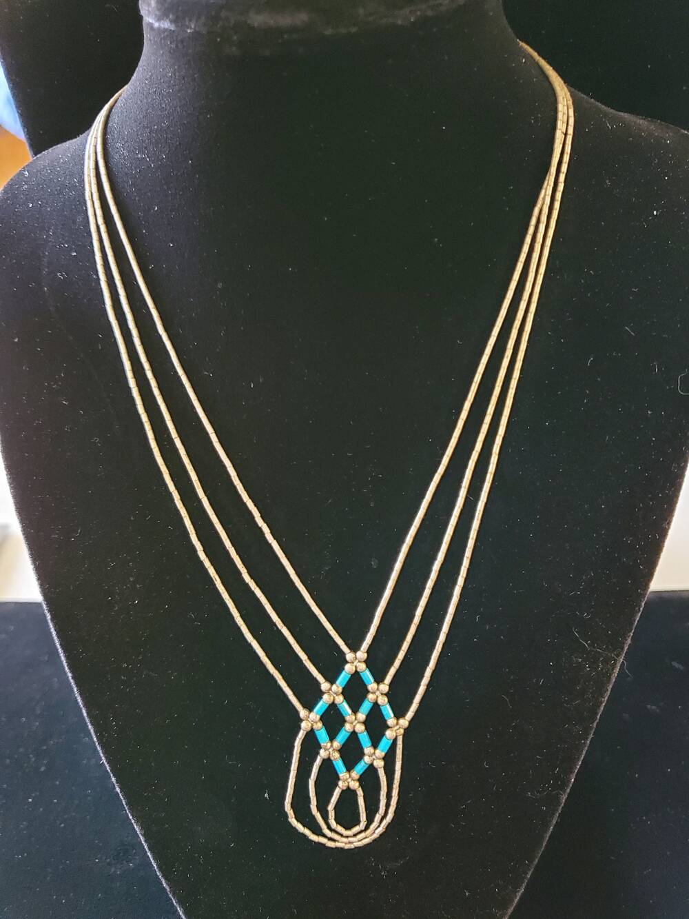 Woven Liquid Silver and Turquoise Bead Necklace 1970's Boho Southwest Cowgirl